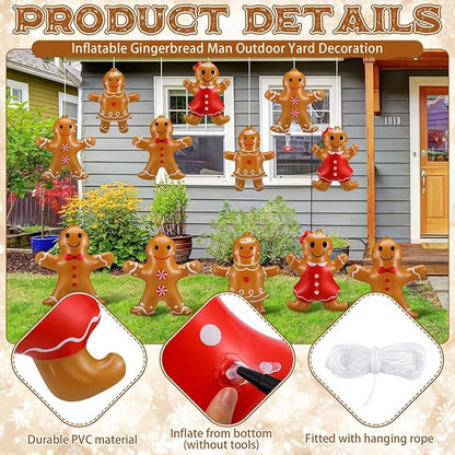 Leyndo 12 Pieces Inflatable Christmas Gingerbread Man Outdoor Decorations Christmas Gingerbread Man Inflatable Hanging Ornaments Blow up PVC Ornaments for Home Yard Party Supplies