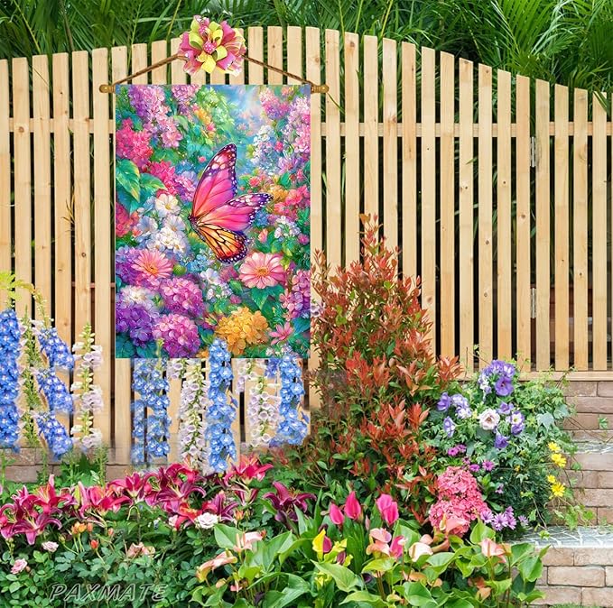 Spring House Flag for Outside 28x40 Inch Double Sided, Butterfly Flowers Large Yard Outdoor Flags for Seasonal Spring Summer Farmhouse Holiday Decoration