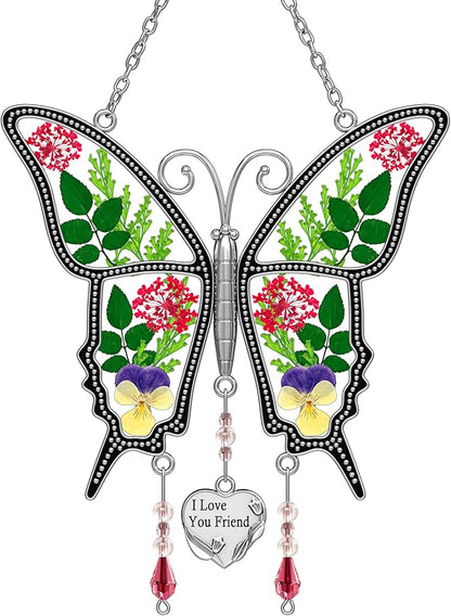 KY&BOSAM Gifts for Women I Love You Friend Butterfly Suncatcher with Pressed Real Flower Stained Glass Suncatchers for Window Hanging Wind Chime Decor Brithday Gift for Friend Mothers Day