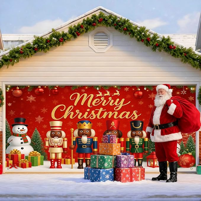 IVN Christmas Garage Door Banner 13x6ft Black Nutcracker Christmas Porch Banner Decorations Snowman Merry Christmas Garage Door Cover Decoration Home Door Front Yard Decor for Xmas Eve Holiday Outdoor
