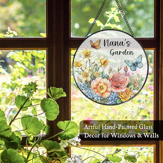 Nana's Garden Gifts Stained Glass Suncatcher for Grandma from Grandkids, Nana Grandma Gifts Window Hanging Wall Art Decoration for Mothers Day Christmas Birthday, 7.8 x 7.8 in