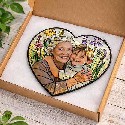 Personalized Grandma Photo Stained Glass Sun Catcher, Customized Family Suncatcher Window Hanging Ornament, Custom Picture Mother's Day Mom Mother in Law, Garden Birthday