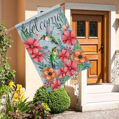 Hzppyz Welcome Spring Summer Decorative House Flag Hummingbird, Garden Yard Outdoor Big Burlap Bird Flag Flower Decor, Vintage Fall Autumn Farmhouse Seasonal Outside Decorations Double Sided 28 x 40