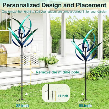Lariander Outdoor Wind Spinners with Solar Light, 82'' Metal Large Spinner Yard Art, Peacock Blue Wind Sculptures for Garden Lawn Patio, Gifts for Family