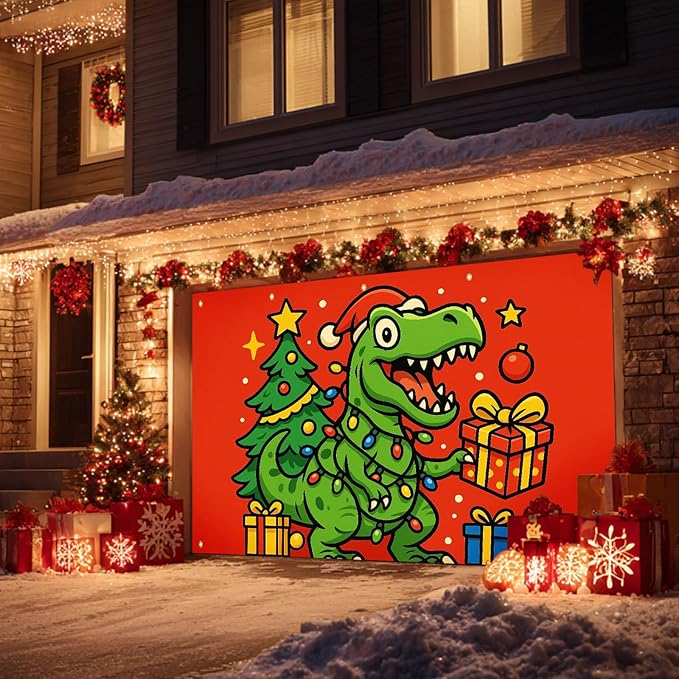 HOMETITUTE Christmas Garage Door Banner 13x6ft Dinosaur T-Rex Theme Backdrop Seasonal Christmas Decor Winter Door Cover Banners for Outside Garage Wall Covering for Party Garage Decorations