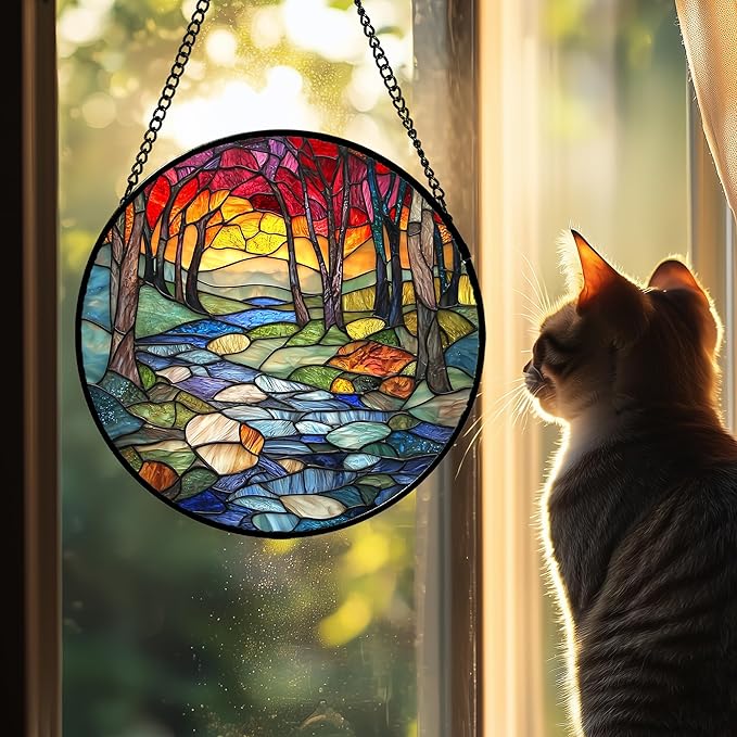 Stained Glass Window Hanging, Red Tree Abstract Sunset Lake Sun Catcher for Window Home Decor Landscape Suncatcher Mother's Day Birthday Gifts for Women Men Mom and Nana 15 in