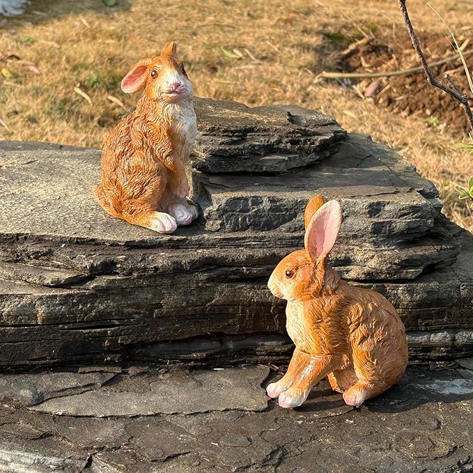 Bunny Decor Yard Decorations Outdoor Set of 2, Resin Hand-Painted Rabbit Figurines Outdoor Decor, Easter Rabbit Statues