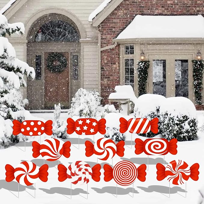 10-Piece Christmas Candy Yard Signs with Stakes Decorations – 10 Assorted Designs 14 Inches Large Peppermint and Lollipop Signs for Outdoor Garden and Lawn Holiday Party Favor