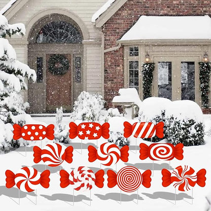 10-Piece Christmas Candy Yard Signs with Stakes Decorations – 10 Assorted Designs 14 Inches Large Peppermint and Lollipop Signs for Outdoor Garden and Lawn Holiday Party Favor