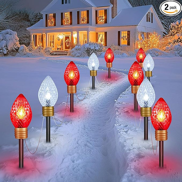 Moonflor Strawberry Jumbo C9 Christmas Lights Outdoor - 2 Pack Total 17FT 10 LED Jumbo C9 Christmas Pathway Lights Outdoor Decoration for Outside Lawn, Red & Pure White