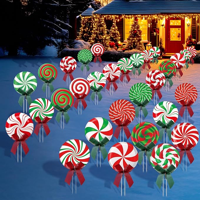 30 Pcs Christmas Outdoor Yard Signs Candy Decorations Outdoor Christmas Decorations Xmas Yard Lollipop Candy Hanging Ornaments Stakes Holiday Garden Sign Cardboard for Party Porch Lawn Walkway Decor