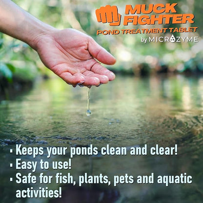 Muck Fighter Pond Treatment Tablets | Lasts 30 Days | Natural Pond Bacteria & Sludge Decomposing Enzymes | Water Clearing Odor Eliminating Microbes (18-Pack)