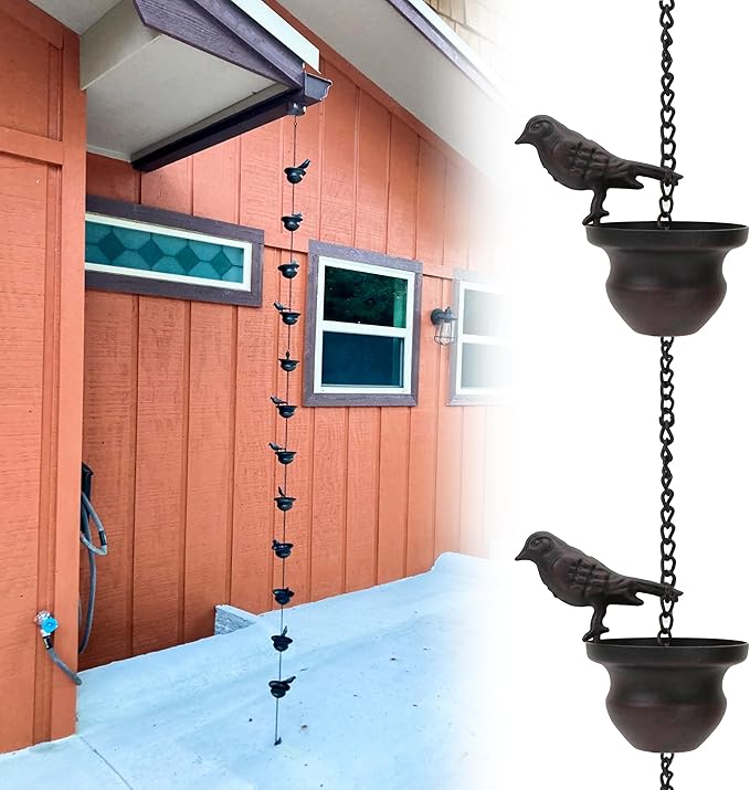 Vintage Bird Shaped Rain Chain Catcher – Decorative Hanging Gutter Chains for Outside Gutters, 8 Feet (About 2.4 Meters) with Attached Hanger, Drain Garden Mobile Birds Steering Wheel, Dark Bronze