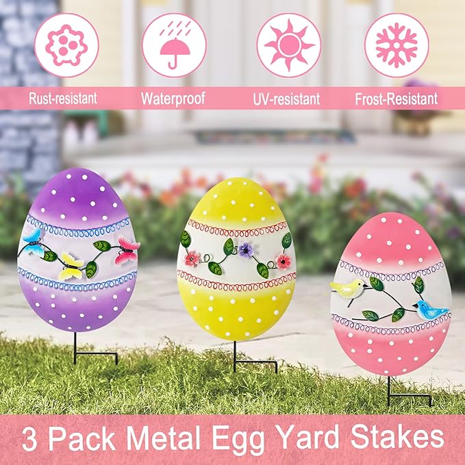 Easter Decorations Outdoor,3 Pack Metal Egg Yard Stake Signs for Outside,Cute Easter Happy Eggs Decorations Outdoor for Lawn,Garden Stakes for Spring