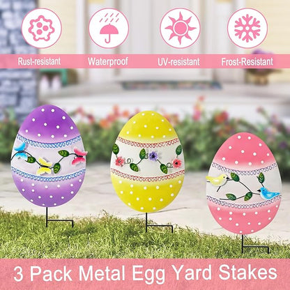 Easter Decorations Outdoor,3 Pack Metal Egg Yard Stake Signs for Outside,Cute Easter Happy Eggs Decorations Outdoor for Lawn,Garden Stakes for Spring