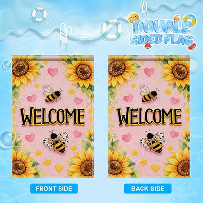 IVN Spring Summer Garden Flag 12x18 Inch – Welcome Sunflower Bee Outdoor Flag, Double Sided Burlap Farmhouse Yard Flag for Porch Lawn Patio Seasonal Home Decor