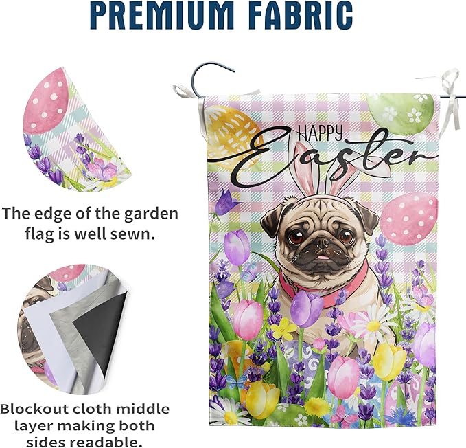Happy Easter Dog Garden Flag Pug Spring Flags Buffalo Plaid Bunny Eggs Yard Flag for Outside 12x18 Double Sided Small Decorative Floral Outdoor Flag