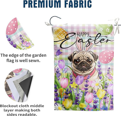 Happy Easter Dog Garden Flag Pug Spring Flags Buffalo Plaid Bunny Eggs Yard Flag for Outside 12x18 Double Sided Small Decorative Floral Outdoor Flag