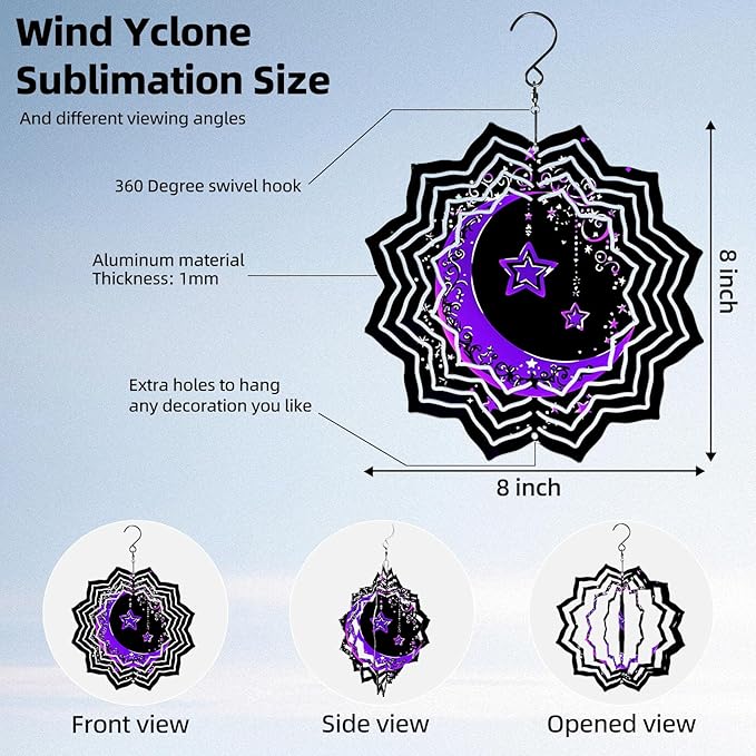 8 Inch Sublimation Wind Spinner, 3D Aluminum Metal Wind Spinner with Hook, Indoor Yard Garden Hanging Decoration, Weather Resistant Rotating Spiral Ornament, Purple Moon and Stars