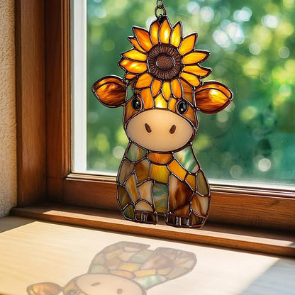 Mosaic Cow and Sunflowers Lover Acrylic Suncatcher Stained Glass Effect Window Car Hanging Christmas Ornament Indoor Outdoor Decor Garden Sun Catcher Panel for Cow Lover for Women Mom Grandma