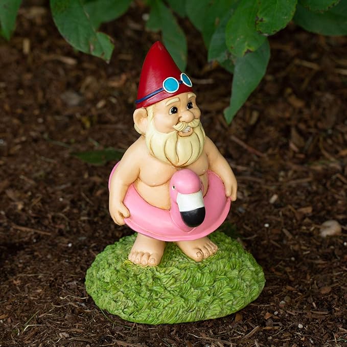 8.5” Flamingo Pool Float Garden Gnome – Funny Lawn Statue for Poolside & Outdoor Decor – Durable Resin Yard Ornament – Unique Gift for Summer Fun & Quirky Decorations