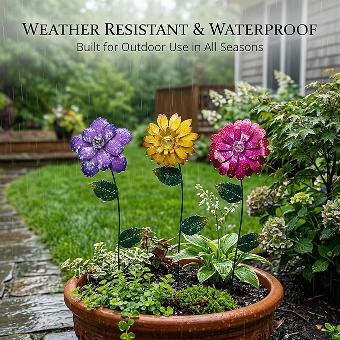 Topadorn 3 Pack Floral Garden Stake Outdoor Glow in Dark Plant Pick Waterproof Metal Flower Spring Decorations Lawn Yard Patio Art Stakes, Ornaments Gift for Garden Lovers