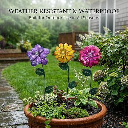 Topadorn 3 Pack Floral Garden Stake Outdoor Glow in Dark Plant Pick Waterproof Metal Flower Spring Decorations Lawn Yard Patio Art Stakes, Ornaments Gift for Garden Lovers