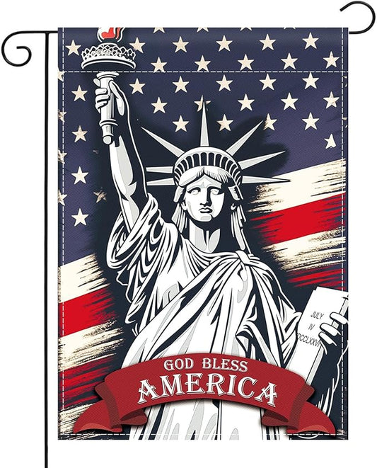 Patriotic Garden Flag 12x18 Inch Double Sided Statue of Liberty God Bless America Flag Memorial Day Independence Day Indoors Outdoors Decoration for Yard (God Bless America)