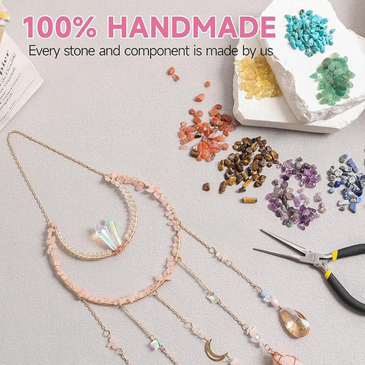 Crystal Suncatcher, Dreamsum Window Suncatchers with Crystals and Stones, Sun Catchers Indoor Window Catcher with Prism Slices, Moon Crystal Suncatchers Gift for Girls, Lover and Mom-Pink