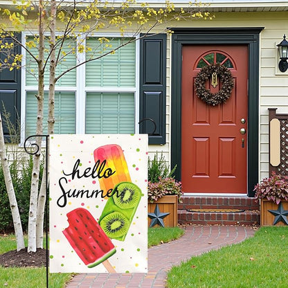 Hello Summer Garden Flag Colorful Popsicle Ice Cream Outdoor Yard Flags Lawn Porch Patio Summer Party Pool Decor Watermelon Kiwi Fruit Theme Seasonal House Banners Home Decoration 12x18 Inch