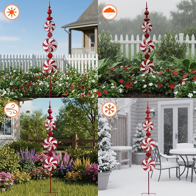 Red Candy Wind Spinner Mother's Day Outdoor Decorations,52 Inch Metal Wind Spinner Outdoor Decoration for Yard Art and Garden Lawn Ornaments，Outdoor Mother's Day Decorations Yard and Lawn Ornaments