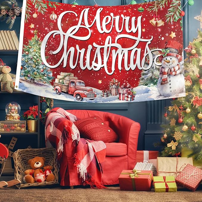 Christmas Flag Decoration 3x5 Ft Carnival Garden Banner Outdoor, Yard Flags Double Sided Printed Indoor Home House Decor Party Supplies Yard Sign Background for Photography(Christmas Tree/Truck/Snow)