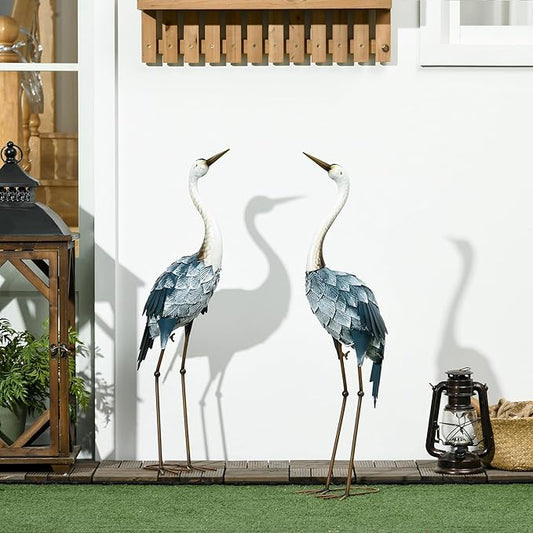 Outsunny Crane Garden Statues, 28.5" & 29" Standing Bird Sculptures, Metal Yard Art Decor for Lawn, Patio, Backyard, Landscape Decoration Set of 2, Blue & White