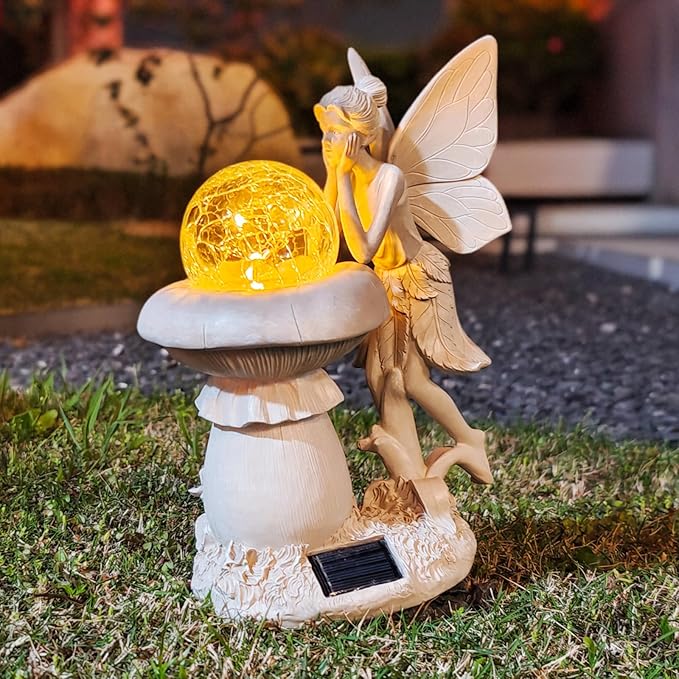 COWOS Solar-Powered Garden Fairy Statue, Handcrafted Resin Statue for Outdoor Patio, Lawn, and Garden Decor, Memorial Gift, Yard Art, Sympathy Gift