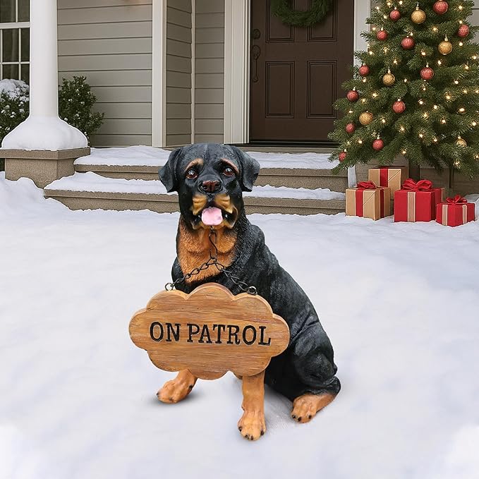 Outdoor rottweiler Dog Statue with Interchangeable Welcome sign and Detachable Solar Lantern –LED Light Garden Dog Sculpture Décor Garden Statue Outdoor dog statue Cute Puppy for Yard Porch Gift