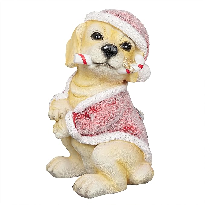 Alpine Corporation 11" Tall Indoor/Outdoor Christmas Golden Labrador Puppy Statue with Santa Hat and Candy Cane, Holiday Decoration for Porch, Tabletop, or Entryway