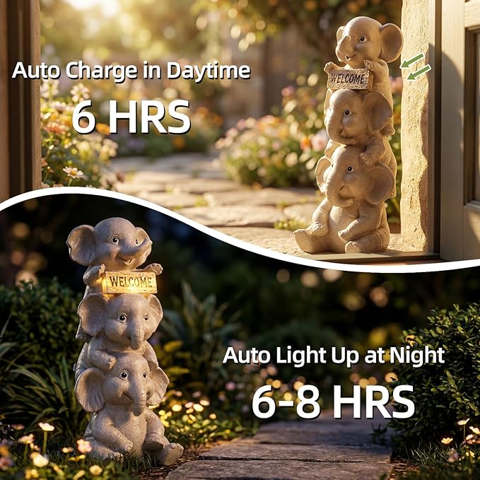 Lyeasw Solar Elephant Garden Statue with Lighted Welcome Sign, Outdoor Decor for Patio Porch Yard, Cute Elephant Family Figurine for Garden, Gift for Mom Grandma Garden Lovers