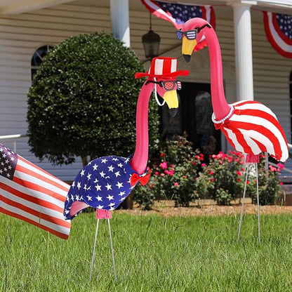 Geelin 2 Set 4th of July Yard Flamingo Outfits 31" Patriotic 250th Anniversary Memorial Day American Flag Outdoor Signs Red White Blue Yard Flamingos Decor, Statue Not Included