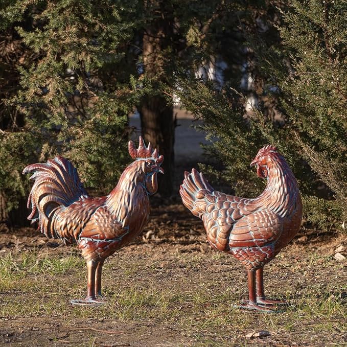 Metal Chicken Decor for Yard and Garden Large Rooster & Hen Garden Statues & Sculptures Antique Copper Outdoor Chickens Yard Art for Backyard Patio Lawn Home Kitchen Farmhouse Decorations