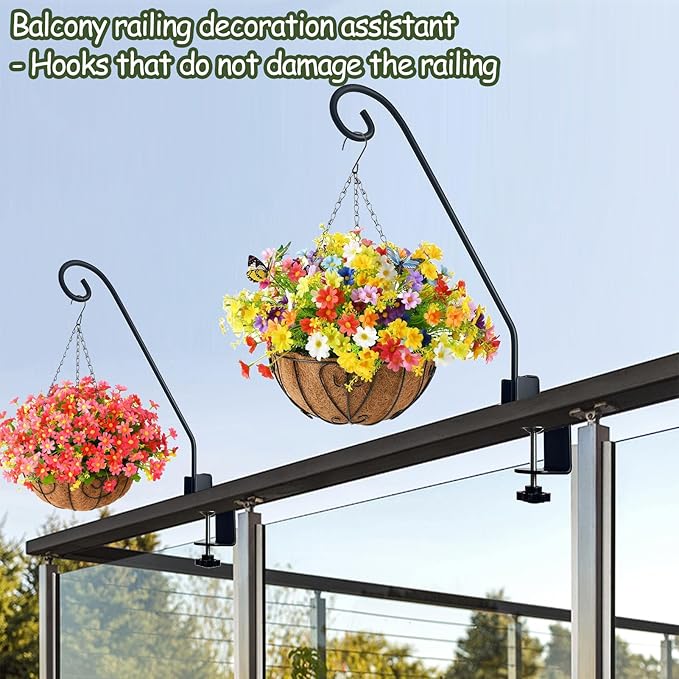 Heavy Duty Deck Hook,Courtyard Decoration,Pole 16.5”Long Metal Deck Railing Hooks for Hanging Bird Feeders,Planters,Suet Baskets,Lanterns,Wind Chimes,Clamp Mounted,Under 18 LBS(2 Pack)