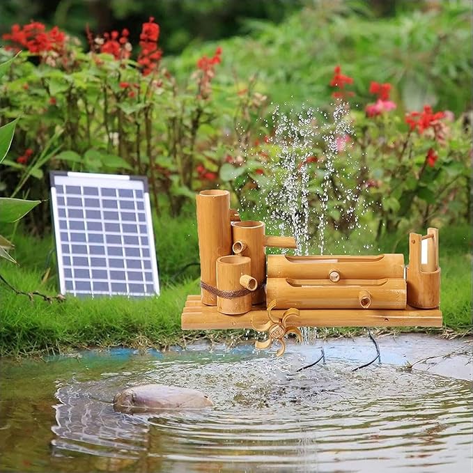 Solar Water Fountain, Outdoor Water Fountain with Water Pump, Feng Shui Zen Bamboo Fountain, Japanese Garden Decoration, for Bird Bath, Pond, Fish Tank