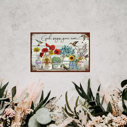 Flowers Metal Poster, Country Rustic Tin Sign, Birds God Says You are, Yard Garage Farm Outside Garden Wall Decor Plaque Outdoor for Home Fence 8 X 12 Inch