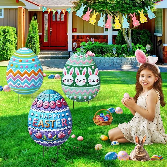 DoubleFill 3 Pcs Easter Decorations Outdoor 3D Metal Easter Eggs Yard Signs Decorative Garden Stakes Eggs Bunny Lawn Decorations Yard Decor for Spring Ornament Lawn Pathway Garden(Crayon Style)