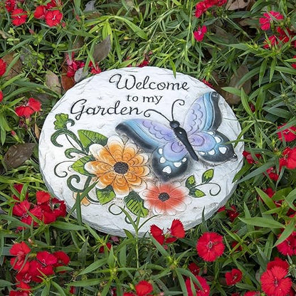 Garden Stepping Stones Outdoor Butterfly Step Stones for Walkway Gardening Gifts Welcome to My Garden Decorative Round Concrete Stones for Outside Yard Stone