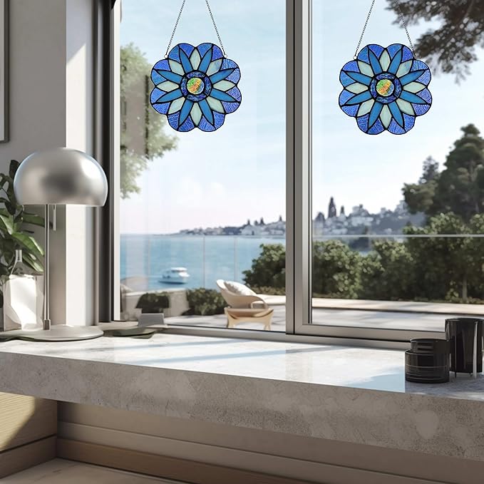 Stained Glass Window Panels,Flower Handmade Art Crafts Suncatcher for Window or Wall (Blue Mandala)