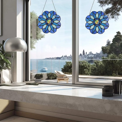 Stained Glass Window Panels,Flower Handmade Art Crafts Suncatcher for Window or Wall (Blue Mandala)