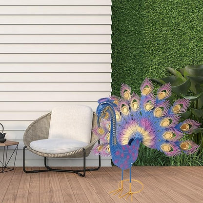 Vibrant Multicolor Peacock Tail Spread Yard Statue, Sturdy Iron Garden Decor for Lawn Patio, Enchanting for Family Friends, Create Nature Ambiance with Bold Statement