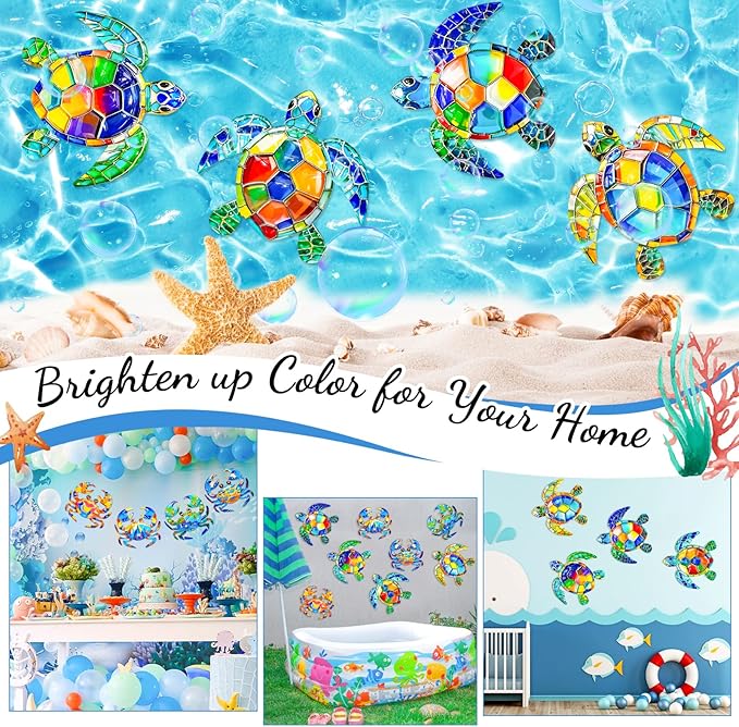 FaloStwer Metal Beach Wall Decor Art, 3D Colorful Sea Turtle Fish Crab and Seahorse Outdoor Sculptures, Ocean Themed Outside Decor for Patio Pool Bathroom Yard Farmhouse Fence Deck (Sea Turtle)