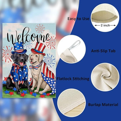 Welcome 4th of July Dog Patriotic Decorative House Flag, Black Labrador Pet Firework Garden Yard Outside Decoration, American Summer Outdoor Large Home Decor Dog Lover Gifts Double Sided 28x40