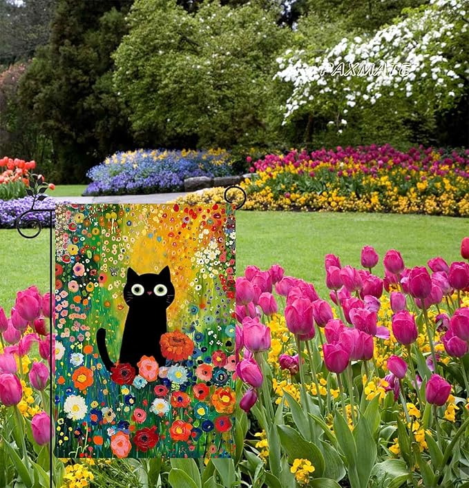 Spring Summer Garden Flag 12x18 Inch Double Sided Outside Black Cat Colorful Floral Flowers Seasonal Holiday Yard Porch Outdoor Decoration